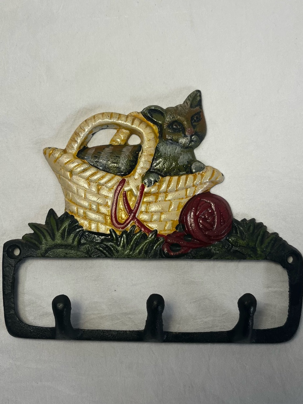 Rare Vintage Cast Iron Kitten Basket Wall Hook key holder